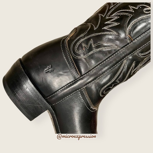 VINTAGE 1990 Frye Black Red Contrast Leather Embroidery Stitch Tall Cowboy Boot - Picture 8 of 11